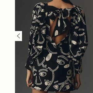 Farm Rio Richelieu Faces Long-Sleeve Back-Bow Mini Dress Size XXS